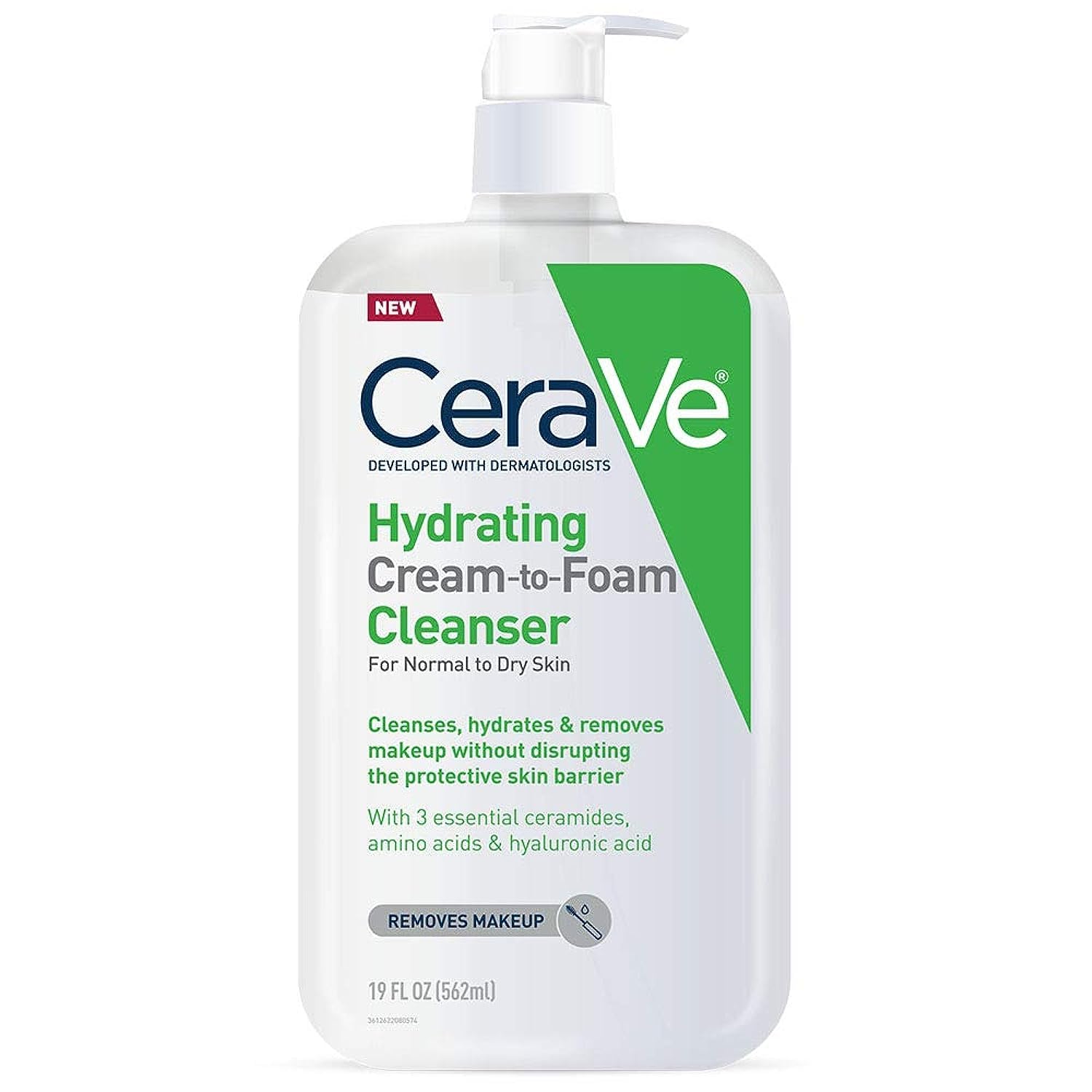 CeraVe Hydrating Cream To Foam Cleanser, Makeup Remover Face Wash For Dry Skin, Foaming Facial Cleanser With Hyaluronic Acid, Normal To Dry Skin, Fragrance Free &amp; Non Comedogenic, 19 Fluid Oun
