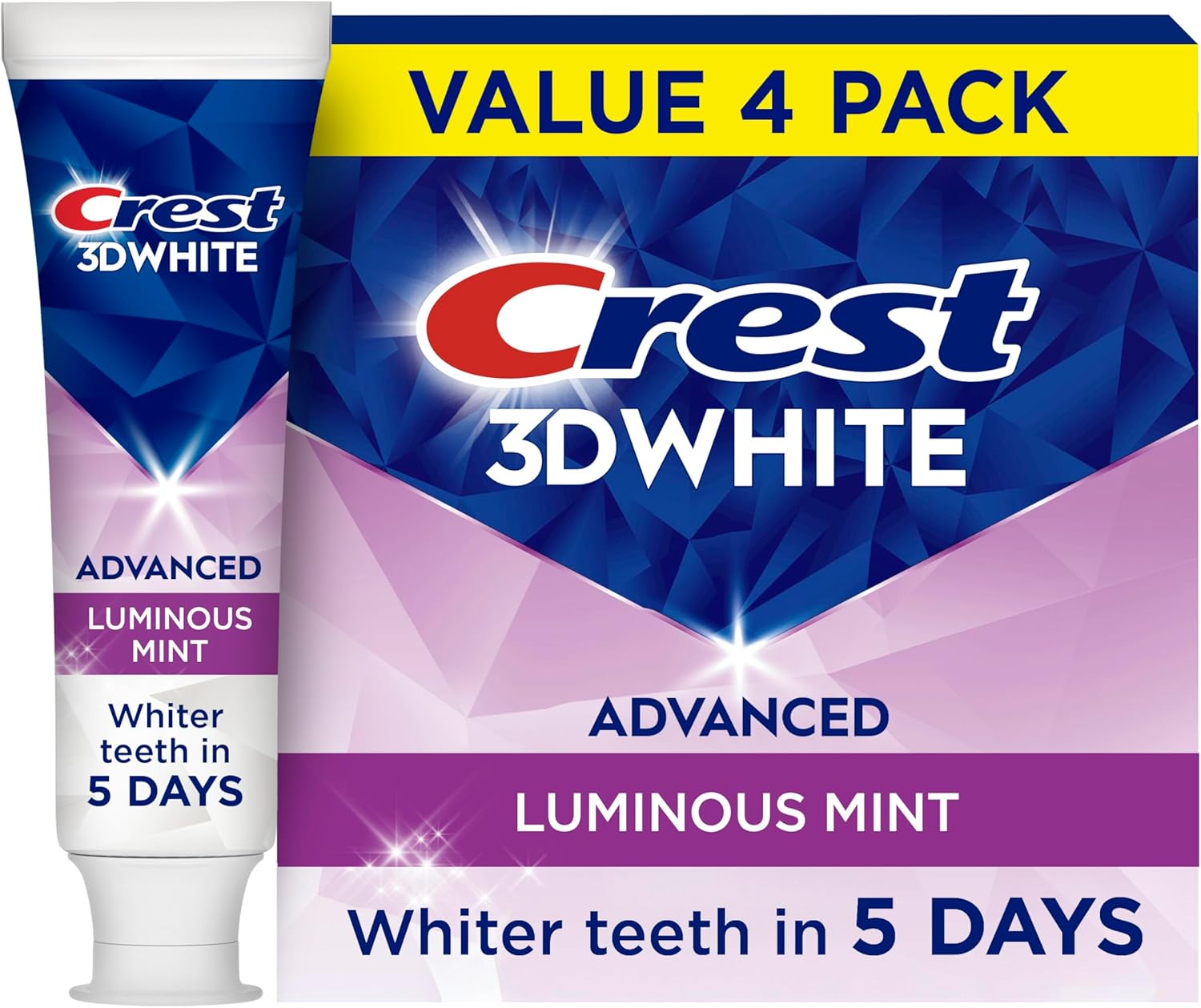 Crest 3D White Advanced, Teeth Whitening Toothpaste for Adults, 3.7 oz, 4 Pack, Cavity Protection Fluoride Toothpaste, Strengthens Enamel, Travel Size Toiletries