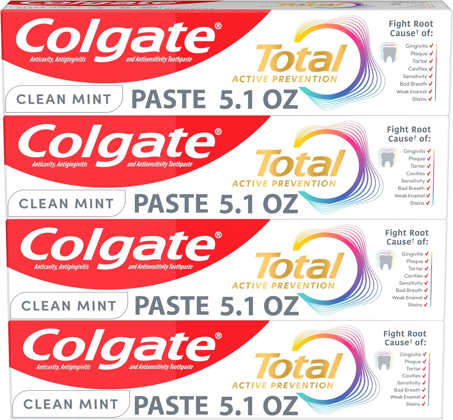 Colgate Total Active Prevention Clean Mint Toothpaste, Anticavity Fluoride Toothpaste, Clinically Proven Formula That Fights Plaque Bacteria, Mint, 4 Pack, 5.1 oz